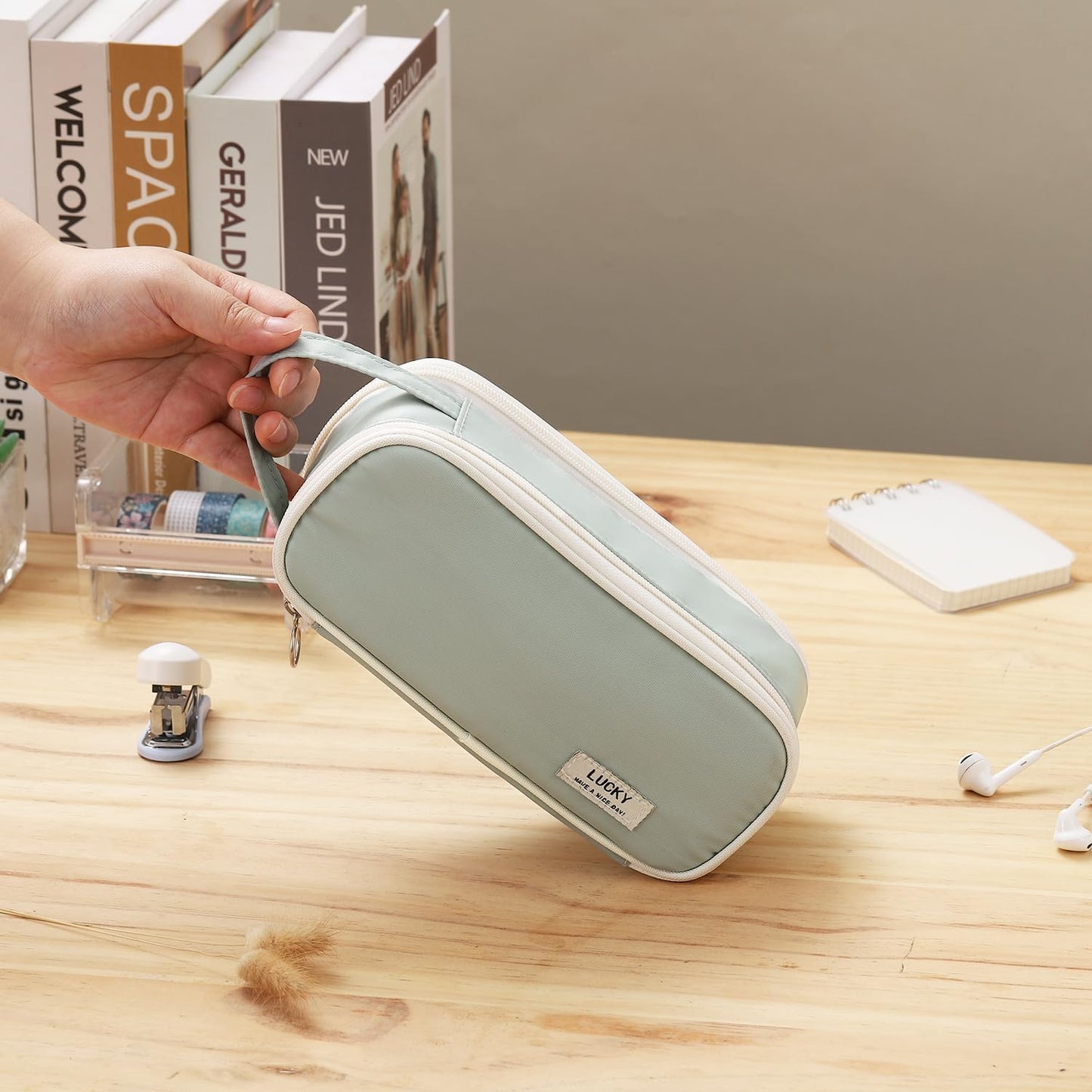 Large Pencil Case Zipper Pencil Pouch for Girls Adults Kids Aesthetic Pencil Bag with Handle Portable Big Capacity Pen Bag Organizer for School Office Green