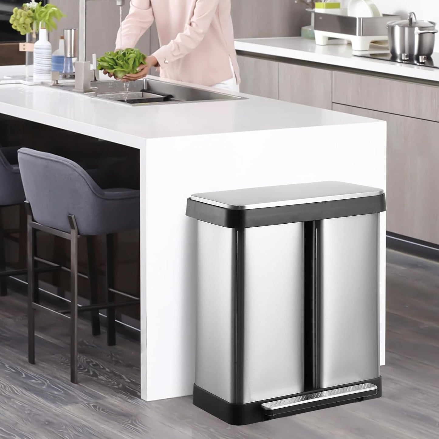 19 Gallon Dual Trash Can, 2 x 36 L Stainless Steel Two Compartment Garbage Can with Soft-Close Lid and Foot Pedal for Kitchen Home Office, Without Removable Inner Bucket