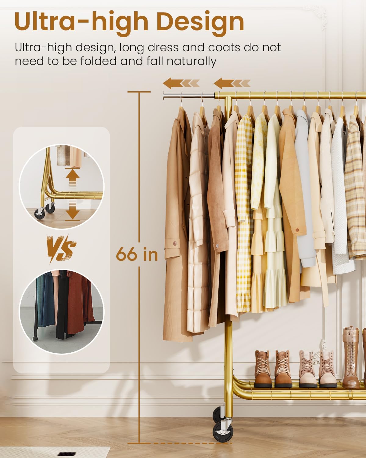 Heavy Duty Clothes Rack, Metal Clothing Rack Load 450 LBS, Rolling Coat Racks for Hanging Clothes with Lockable Wheels, Wardrobe Closet Garment Racks for Bedroom, Gold