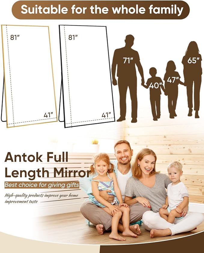 Antok Full Length Mirror, 81"x41" Floor Mirror, Floor Standing Freestanding Full Body Mirror with Stand for Bedroom, Hanging Mounted for Living Room Cloakroom, Black
