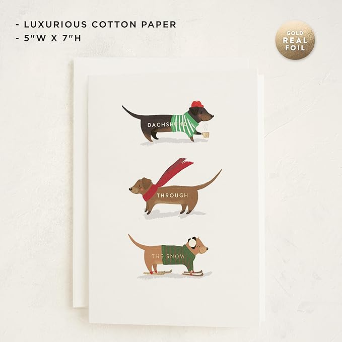 Minted Dachshund Through the Snow Christmas Cards, 8 Cards with Envelopes, Folded 5x7 Holiday Card with Playful Dog Illustration, Classic Design, Gold Foil-Pressed, Luxurious Paper, Interior Message