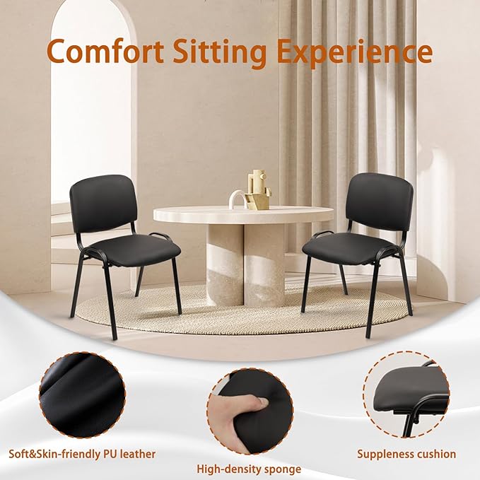 CLATINA Stacking Waiting Room Chairs, PU Leather Armless Office Guest Chair with Metal Frames, Stackable Conference Room Chairs No Wheels for Reception Lobby Side Meeting Training School, Black