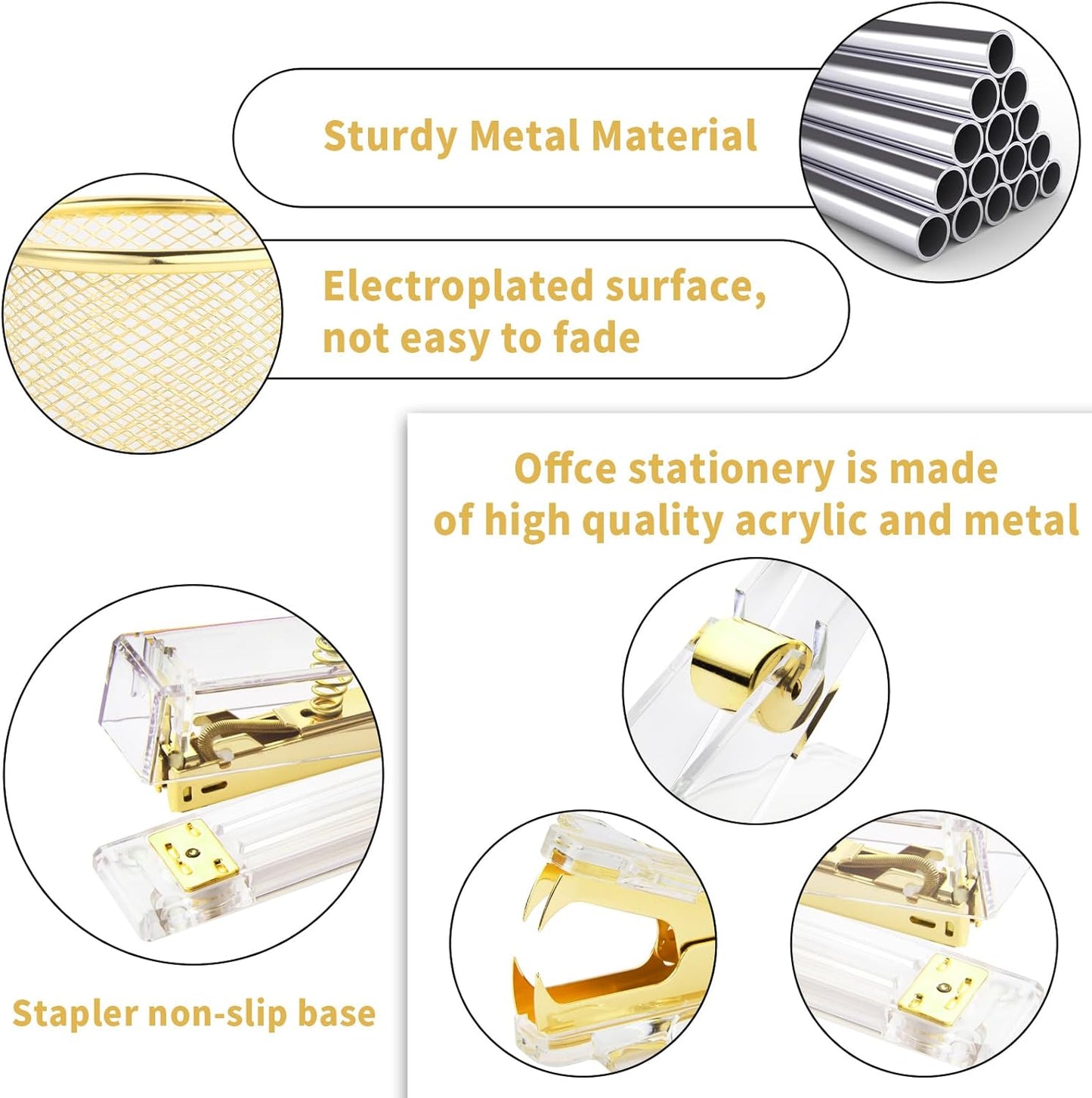 Gold Desk Accessories, Office Supplies Set with Acrylic Stapler, Tape Dispenser, Staple Remover, Pen Holder, Scissor, Binder Paper Clips, 1 Ballpoint Pen, 1 Clear Tape and 1000pcs Staples