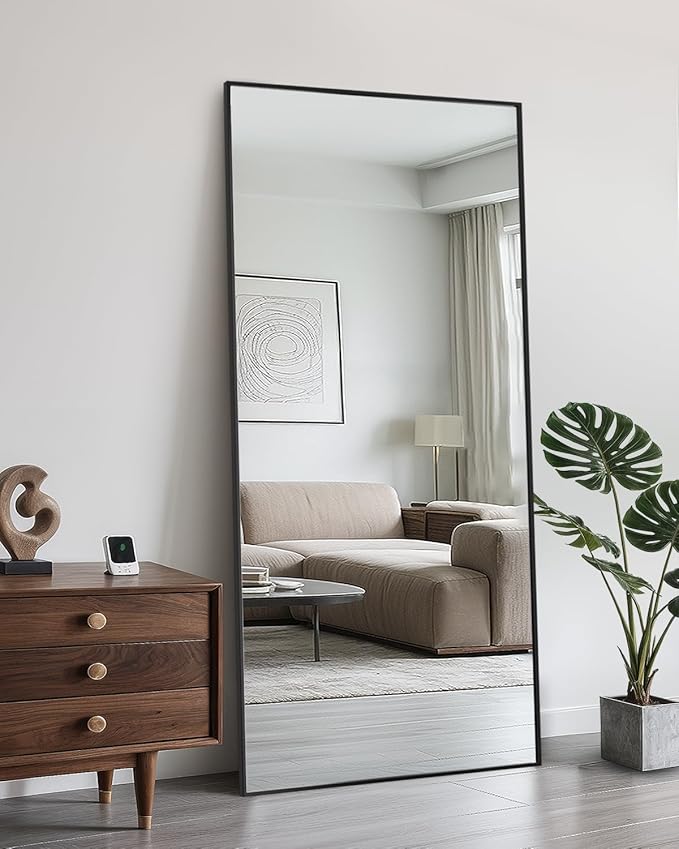 Full Length Mirror, 71"x28" Oversized Floor Mirror Freestanding, Full Body Mirror Floor Standing Mirrors with Stand, Hanging Mounted Mirrors for Bedroom Living Room, Black, Rect Style