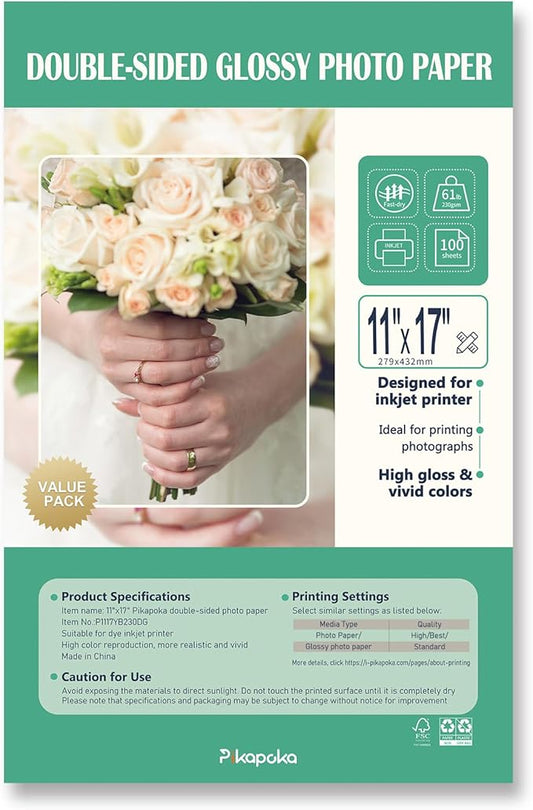 Double Sided Glossy Photo Paper 11x17, Thick Glossy Paper for Cardstock, 100 Sheets 61lb for Inkjet Printer