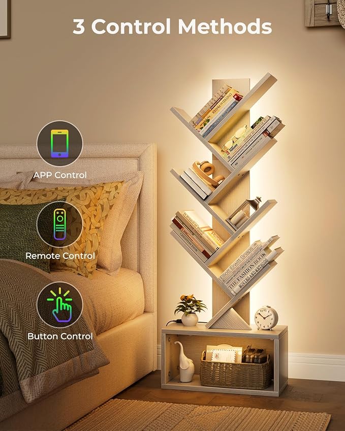 6 Tier Tree Bookshelf with Lights, LED Book Tree Bookcase with Storage Organizer, Small Corner Bookshelf Floor Standing Book Shelf for Living Room, Bedroom & Home Office, White