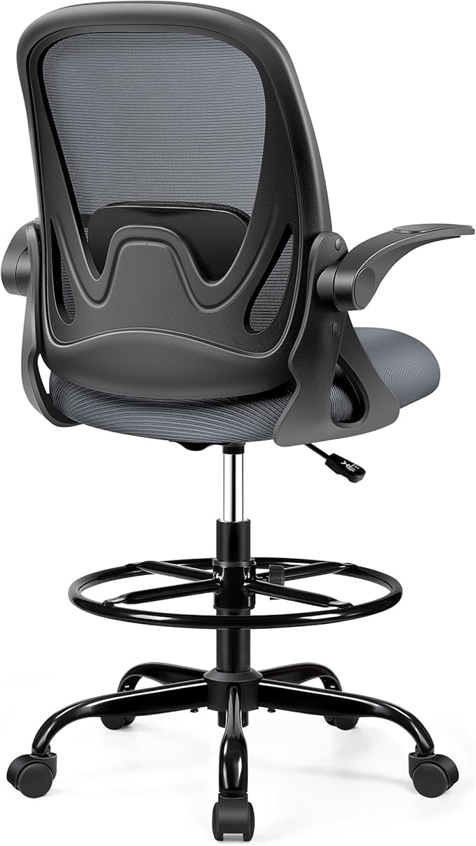 Drafting Chair Tall Office Chair with Flip-up Armrests, Adjustable Height, Enhanced Lumbar Support Ergonomic Rolling Stool, Back Support, Adjustable Foot Rest Ring for Standing Desk Dark Gray