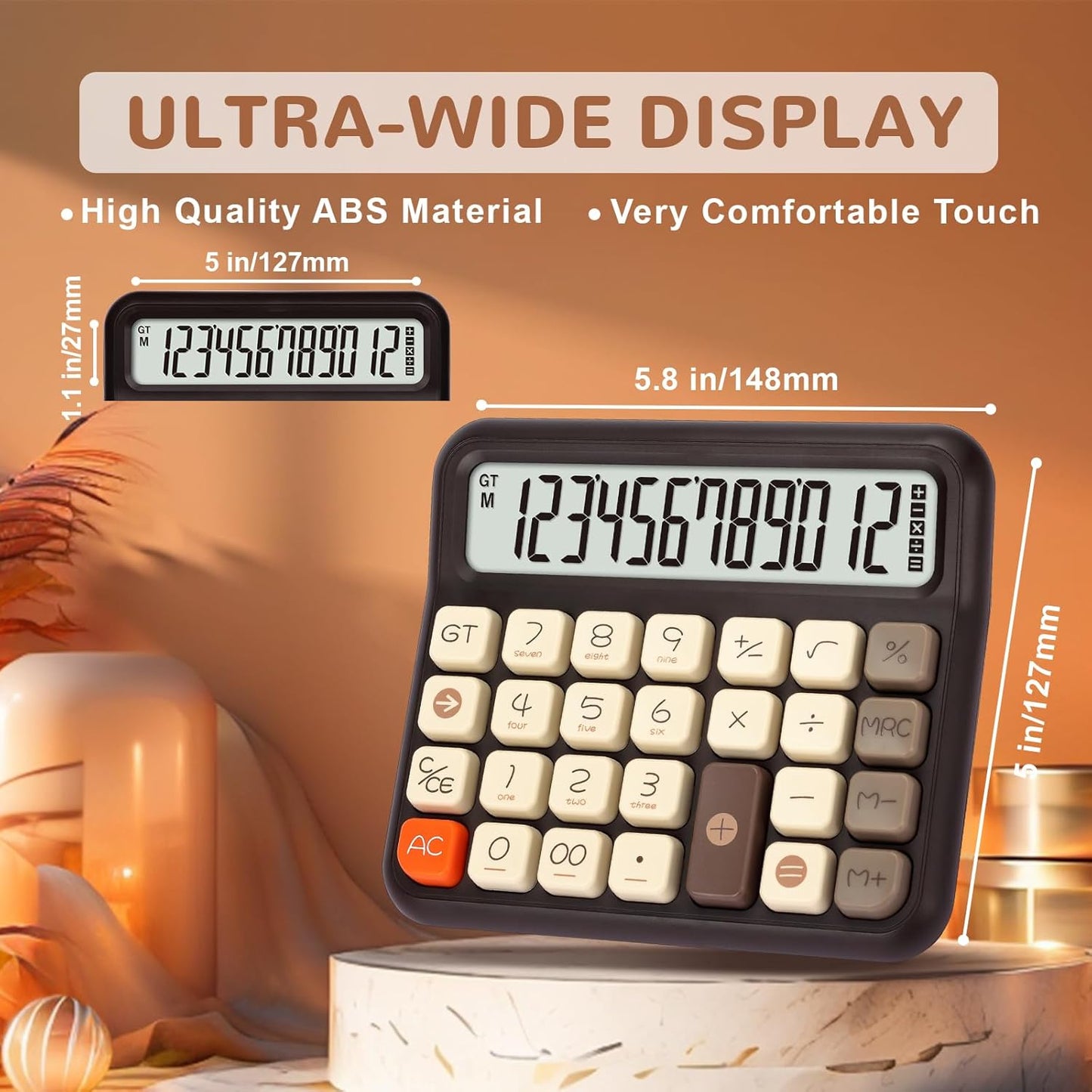 Pendancy Desk Calculator 12 Digit, Retro Cute Basic Calculator with Extra Large LCD Display and Buttons, for Office, School, Home Use