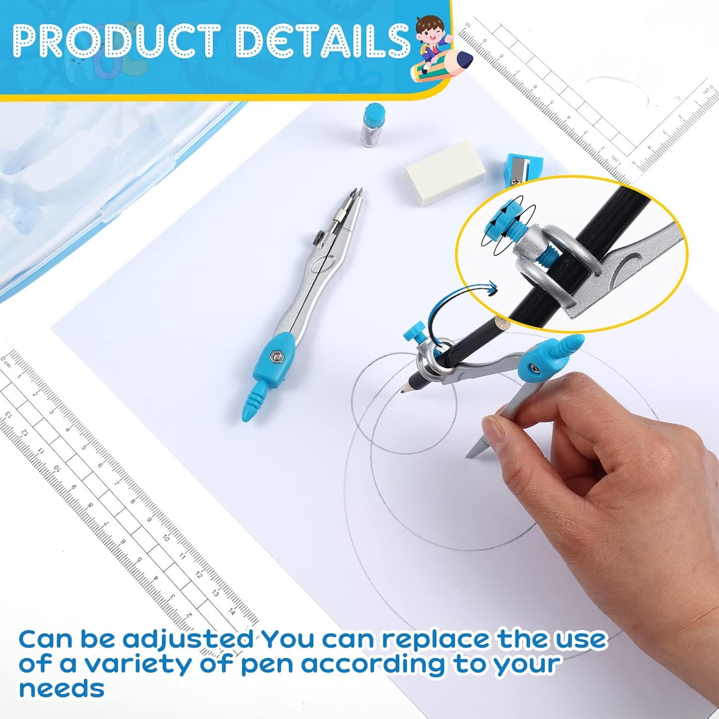 Teling 12 Sets Math Geometry Kit for Students 10 Pcs Compass Geometry Tools Set Includes Rulers Protractor Compass Eraser Pencil Sharpener Lead Refills Pencil (Blue)