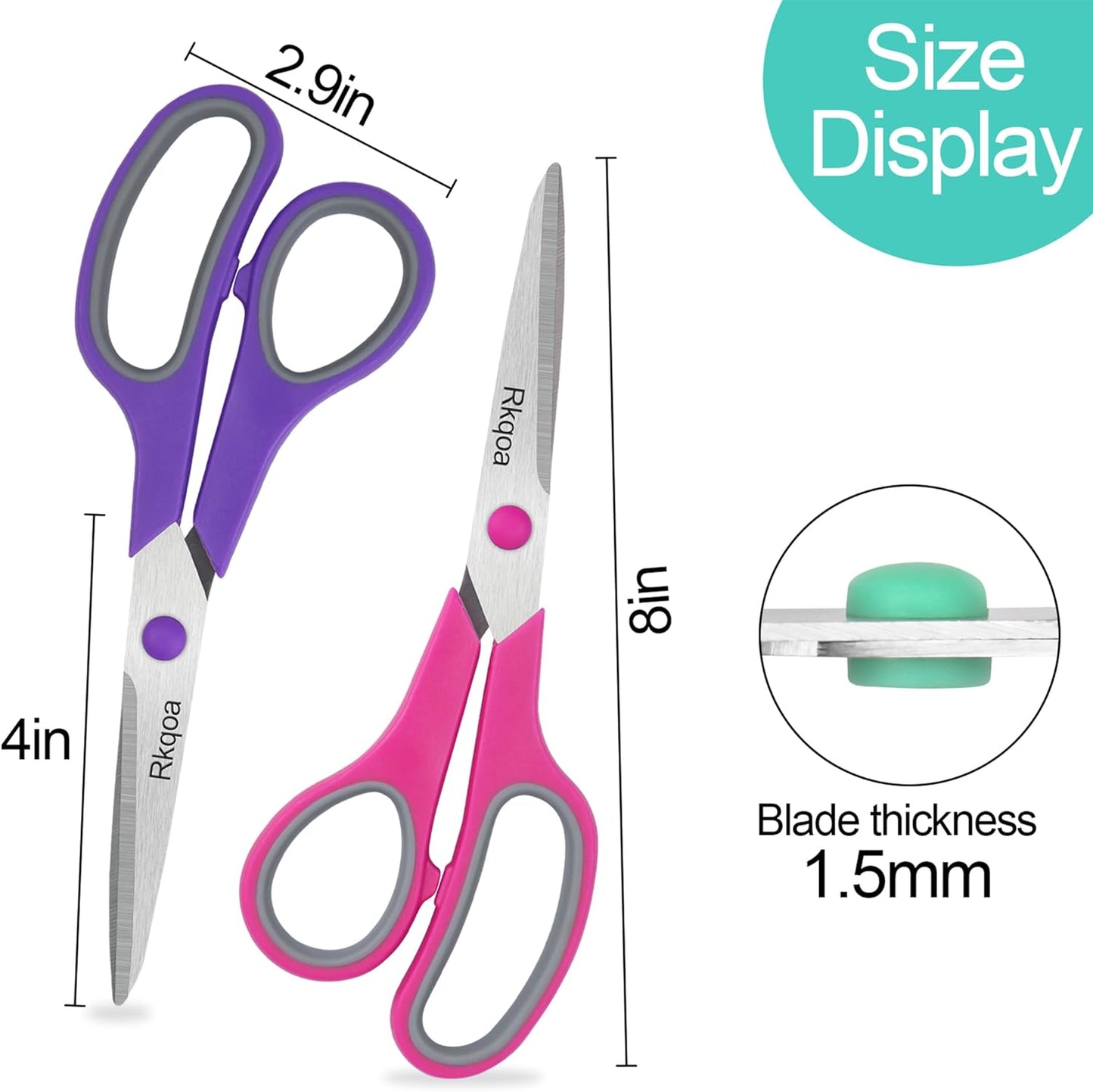 Purple Scissors Pack, Rkqoa 8" Scissors All Purpose - Comfort-Grip Sharp Shears for Office School Sewing Fabric Craft Art Supplies, Teacher/Class Everyday use, Classroom Must have