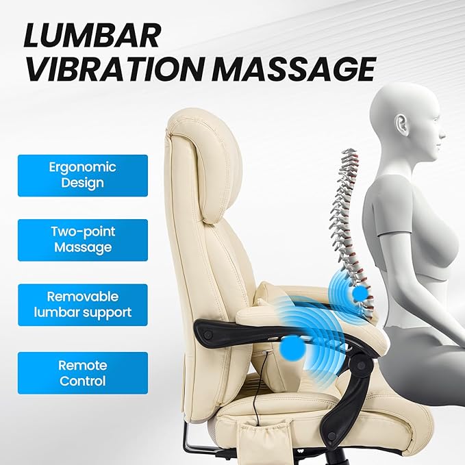 Lumbar Massage Office Chair, 500LBS Big and Tall Office Chair, Heavy Duty Ergonomic Executive Reclining Chair with High Back and Lumbar Support, Beige