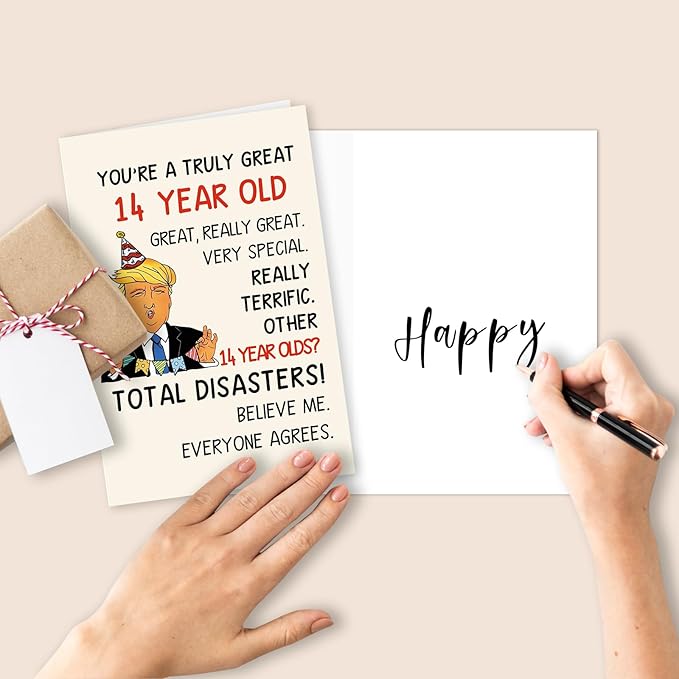 Funny Trump 14th Birthday Card Gift for Son Daughter, Humorous 14 Year Old Birthday Gift for Boys Girl, Happy 14th Birthday Decorations for Him Her