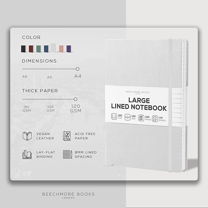 BEECHMORE BOOKS Lined Journal Notebook, 8.5 x 11.5 inch, A4 160 Lined Pages, Hardcover Leather Journals for Women, Men, Writing and Notebooks for Work - 120 GSM Thick Paper, Gifts Box Included