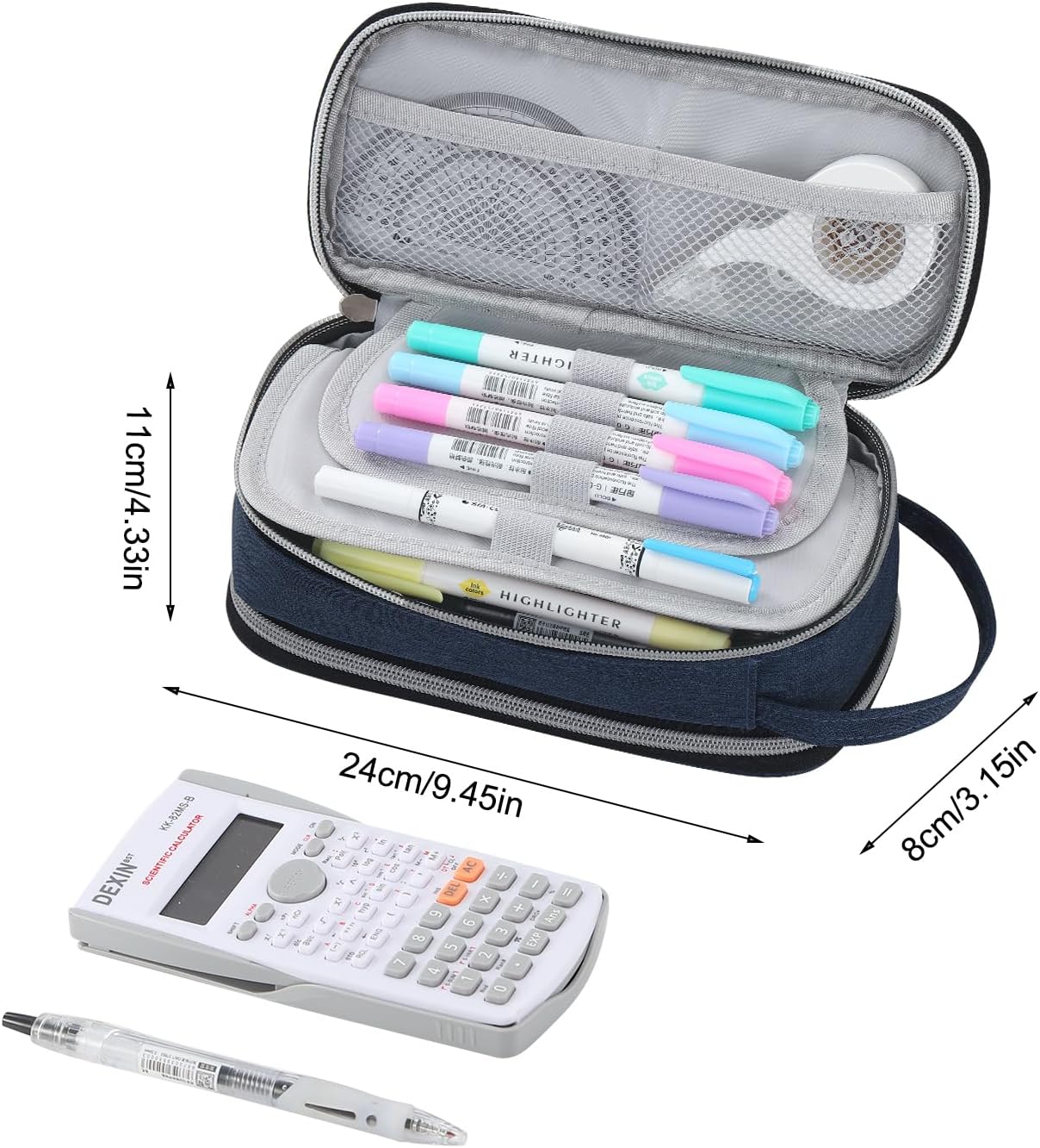 Pencil Case Large Zipper Pencil Pouch for Girls Kids Teens Adults Aesthetic Pencil Bag Stationery Organizer Pencil Case with Handle for School Blue