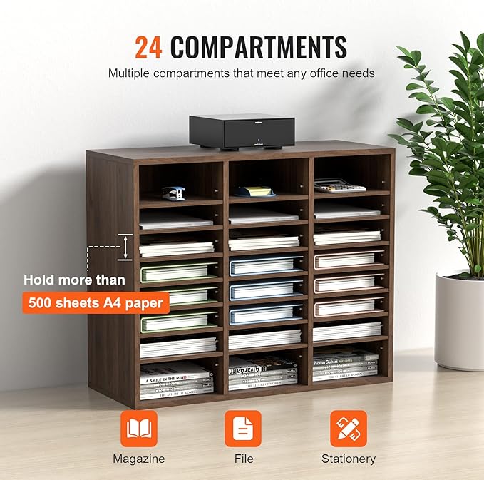 VEVOR 24-Compartment Office Mailbox, Adjustable Shelves, Wood Literature Sorter 29x12x24.4 inches – Ideal for Office, Home, Classroom, Mailrooms Organization – EPA Certified (Brown)