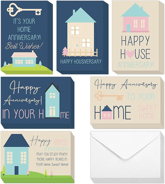 48 Pcs Happy Home Anniversary Cards with Envelopes Bulk Blank Welcome House Cards Real Estate Thank You Notes Housewarming Gifts for Clients Neighbors, 4 x 6 in(Pastel)