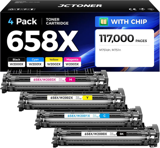 658X Toner Cartridge Set 4-Pack High Yield Replacement for HP 658X 658A W2000X W2001X W2002X W2003X Compatible for HP Color Laserjet Enterprise M751 M751dn M751n Printer Ink Black Cyan Yellow Magenta