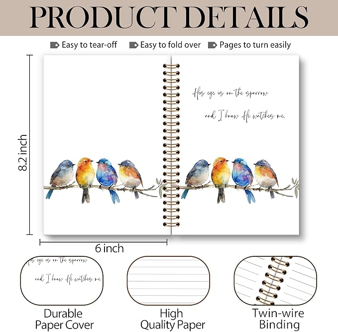 Christian Bird Sparrow Notebook Journal, Rustic Spring Bird Spiral Notebook, Sparrow Watching Notebooks Gifts for Birds Lovers Women Men, Birds Themed School Office Supplies, 6x8.2In