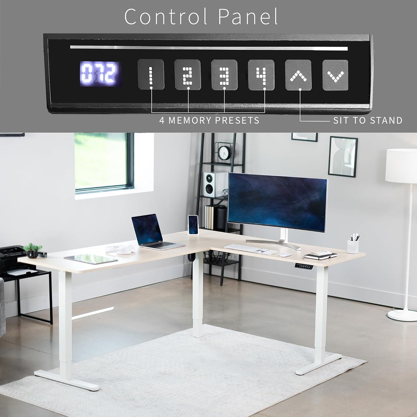 VIVO Electric Corner L-Shaped 75 x 63 in Standing Desk, Memory Height Adjustment, Light Wood Top White Frame, DESK-E3CTC-75