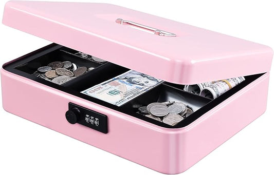KYODOLED Metal Cash Box with Combination Lock Money Box for Cash Safe Metal Box with Money Tray for Security Lock Box 11.81"x 9.45"x 3.54" Pink X Large