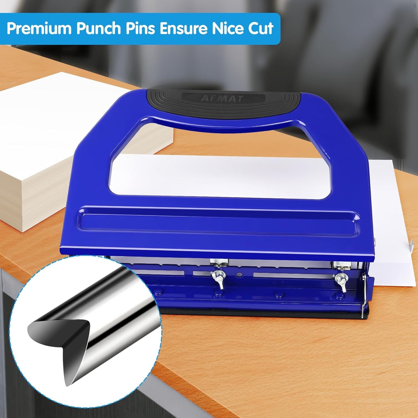 AFMAT 3 Hole Punch, Metal Heavy Duty Paper Punch with 50-Sheet Capacity and Removable Punch Heads for 2 Hole Punch Function, Large Chip Tray, Blue