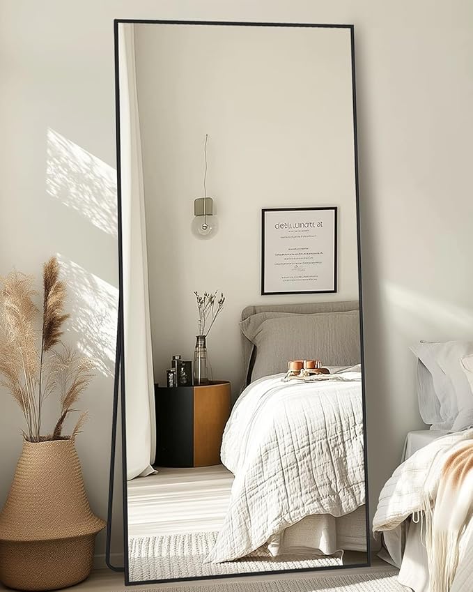 Full-Length Floor Mirror with Stand, 59"x16" Rectangle Style Full Body Standing Mirror for Bedroom, Living Room, Gym, Dorm - Shatter-Resistant & Easy Assembly, Black