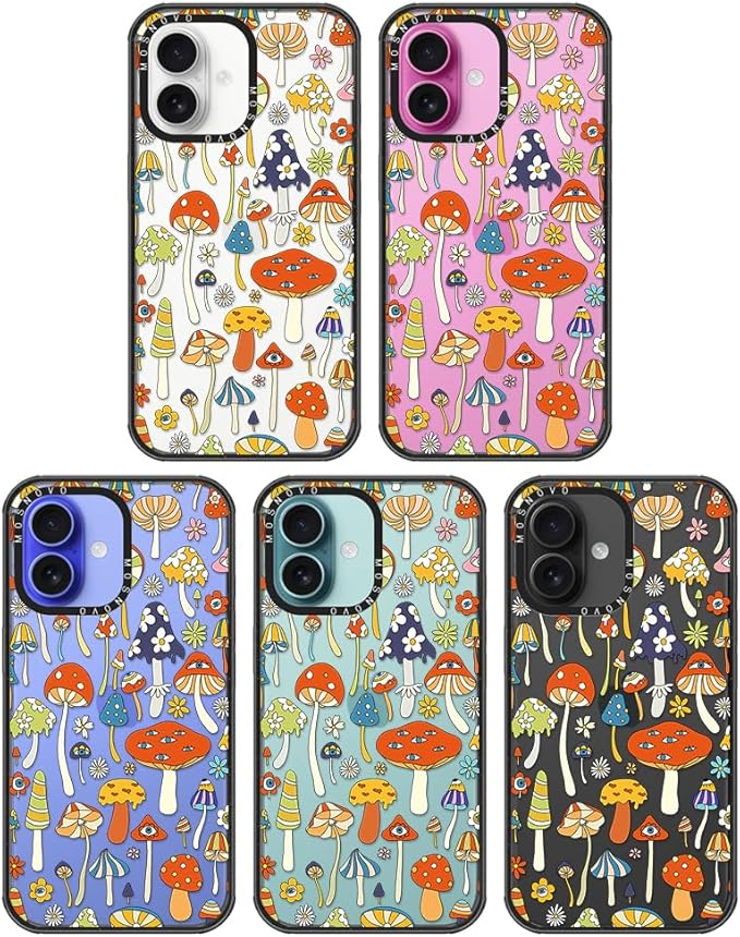 MOSNOVO Case for iPhone 16 Plus, [10ft 4X Military-Grade Drop Protection] Durable & Shockproof Phone Case Cover Design for iPhone 16 Plus - Mushroom Art - Clear Black