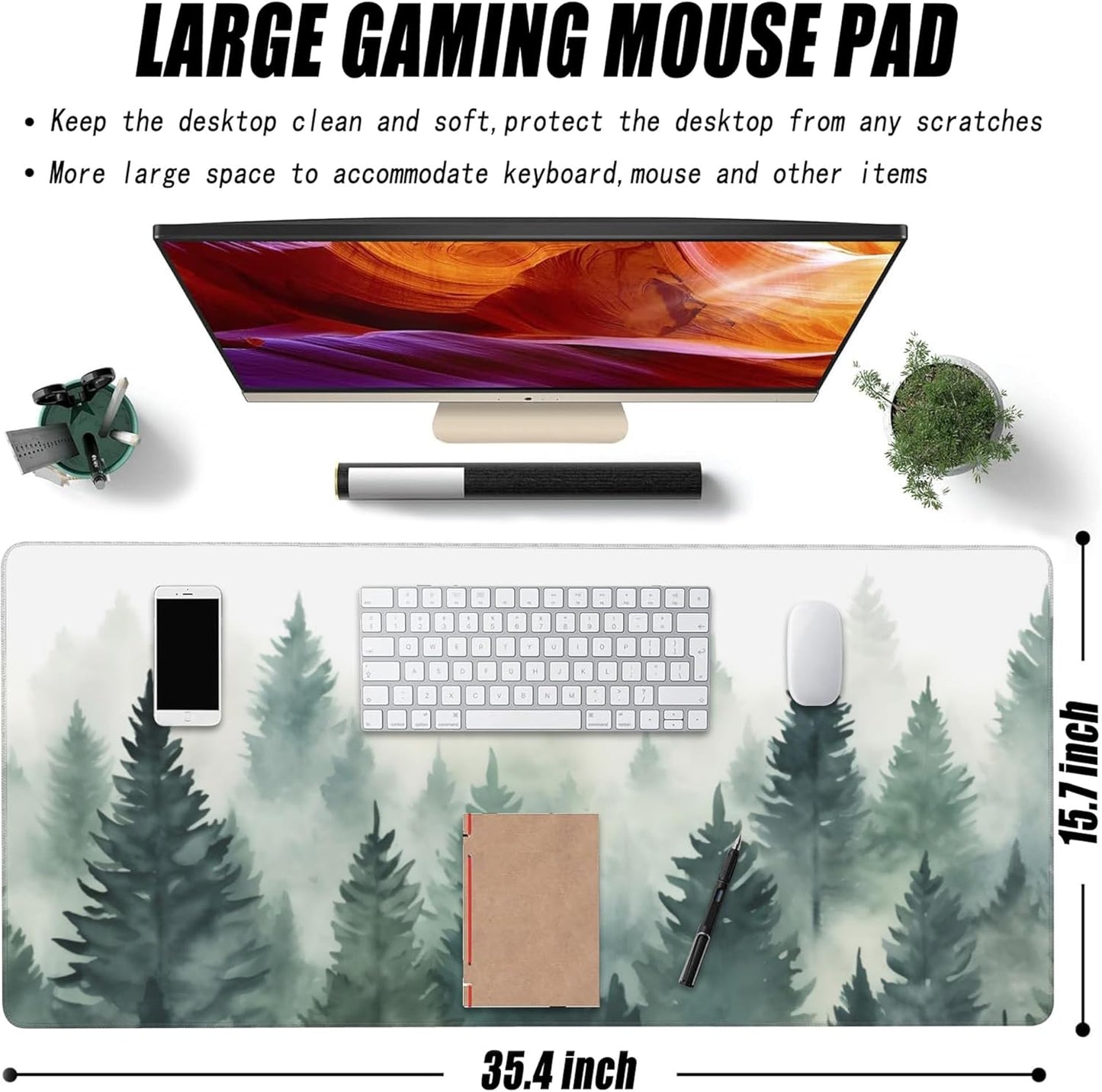 Extended Large Gaming Mouse Pad, Misty Forest Large Desk Mat for Desktop XXL, Non-Slip Rubber Base Stitched Edges Long Computer Keyboard Desk Pad Mouse Mat for Gaming Home Office 35.4"X15.7"