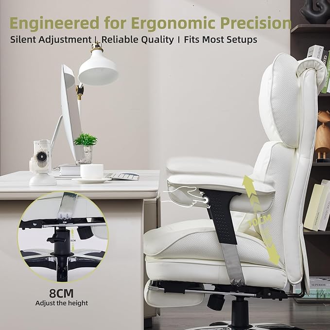 Efomao White Big and Tall Office Chair with Footrest – Ergonomic High-Back Computer Chair with Adjustable Armrests, Wide Seat – Modern Home Office, Gaming & Study Chair for Young Professionals