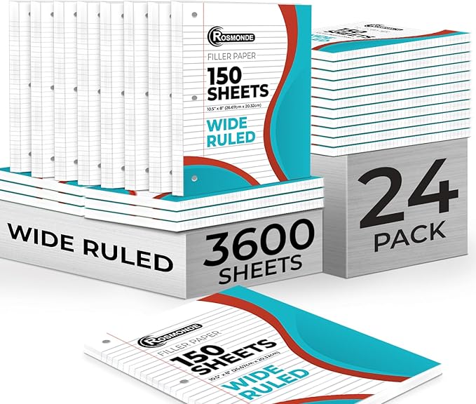 Loose Leaf Paper Bulk, 3600 Sheets, Wide Ruled, 8 x 10.5", Bulk Filler Paper for Office, 56 Gsm Thick Sheets, 3 Hole Punched for Binders, 24 Pack, 150 Sheets/Pack, Notebook Papers, White