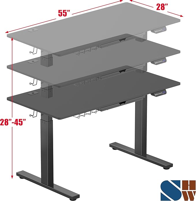 SHW 55 x 28 Inches Electric Height Adjustable Standing Desk with Drawer and Memory Preset, Black