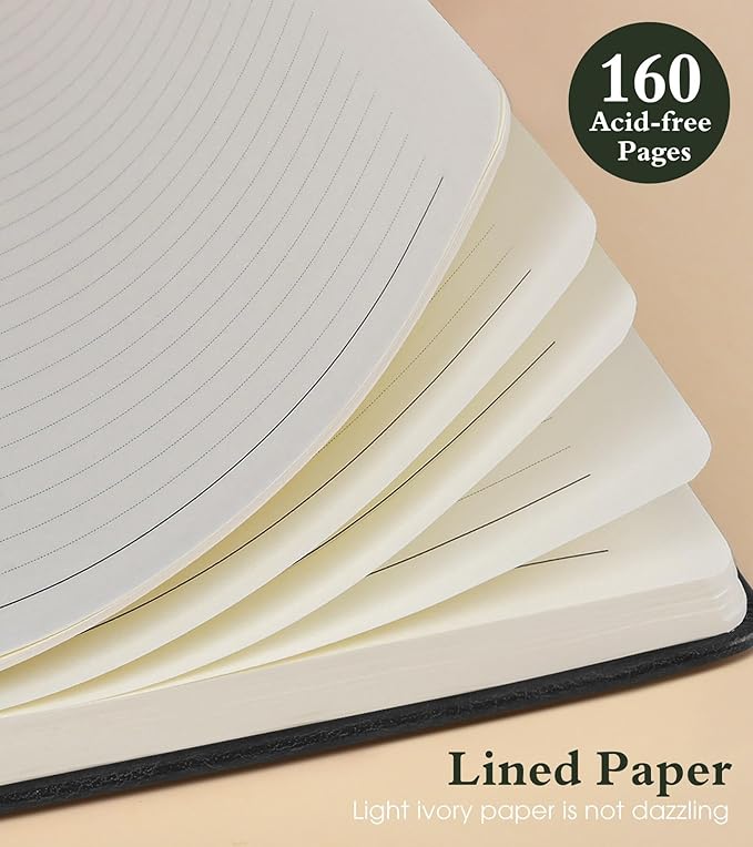 Lined Journal Notebook for Men Women, 160 Pages Ruled Paper, Inner Pocket, A5 Hardcover Vintage Leather Notebooks for Work, School, Travel Journaling, Daily Diary, Notepad 5.8" x 8.5" (Black)