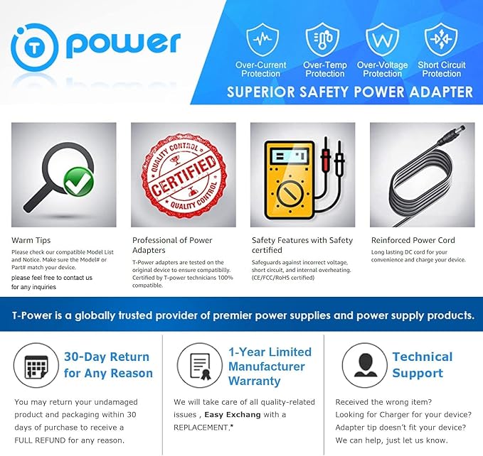 T POWER 24V Ac Dc Adapter for Rollo Model X1038 Label Printer & Nelko PL-70E-BT, MUNBYN NETUM JADENS P941 PAC090M 468BT LabelRange LP320 LP620 Label Maker Charger Power Supply Cord