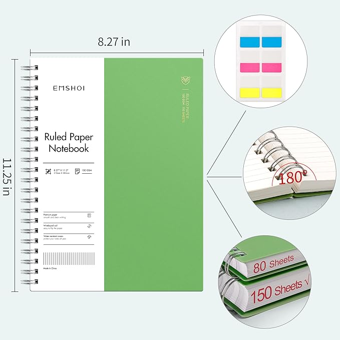 EMSHOI A4 Spiral Notebook College Ruled Lined Journal, 11.2" x 8.27", 300 Pages, 100gsm Thick Paper, Waterproof Softcover, Twin-Wire Binding, Sticky Notes, Green