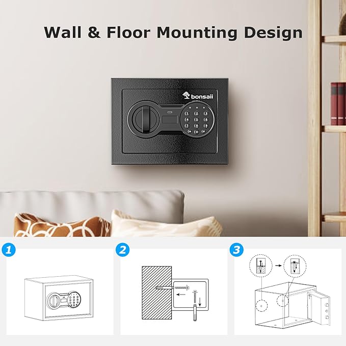 Bonsaii Safe Box with Key Lock, Steel Security Lock Box, 0.23 Cubic Feet, 9.06" W x 6.69" D x 6.69" H, Small Hidden Safe for Cash Jewelry