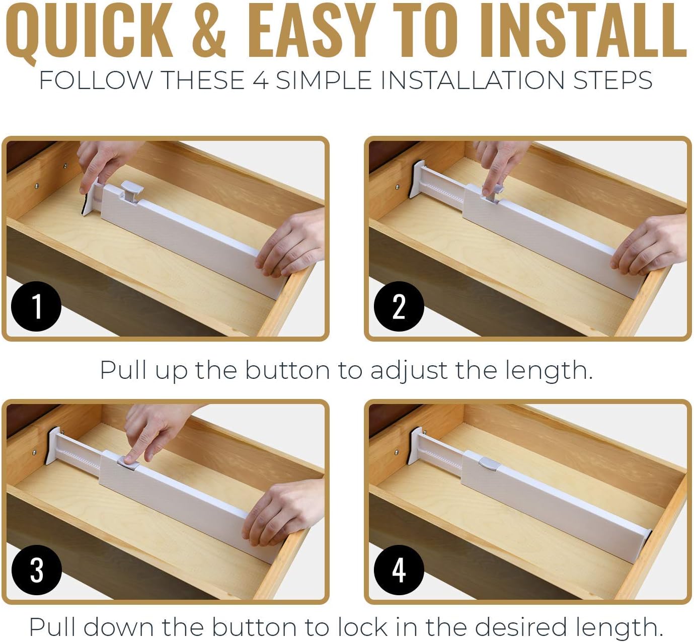 RAPTUROUS Adjustable Deep Drawer Divider – 5" Tall, Expandable 13-22", 4-Pack, Non-Slip Drawer Dividers for Clothes, Dresser, Kitchen & Office Organization (White)