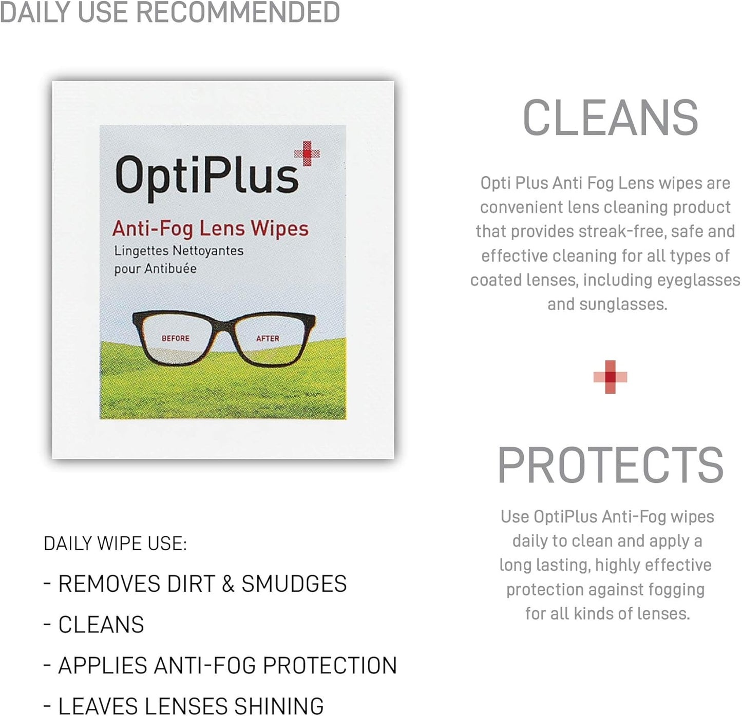 OptiPlus Anti Fog Lens Wipes l Pre-Moistened l Cleaning Wipes for Glasses, Laptops Screens, Smart Phones, Optical Lens, Goggles, Watch Screen and More l Defogging, Quick-Dry & Scratch-Free l 60 Count