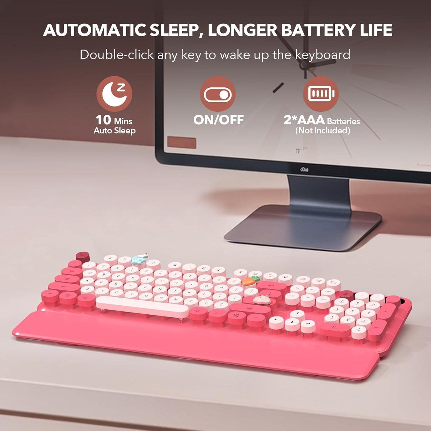 Wireless Keyboard, Round Keycaps, Retro Typewriter Keyboard with Detachable Wrist Rest, Sleep Mode, Foldable Legs, 2.4GHz Full-size Cordless Computer Keyboard for Windows/PC/Laptop (Colorful-Pink)