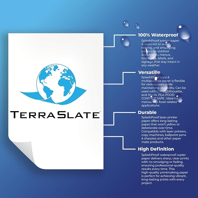 TerraSlate Premium Waterproof Paper, 5 MIL 8.5” x 11”, Laser Printer & Copy Machine Compatible, Durable & Rain/Weather-Proof Copy Paper, White Paper (100 Sheets)