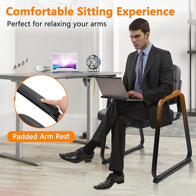 CLATINA Waiting Room Guest Chair with Bonded Leather Padded Arm Rest for Office Reception and Conference Desk Black with Sled Base 4 Pack