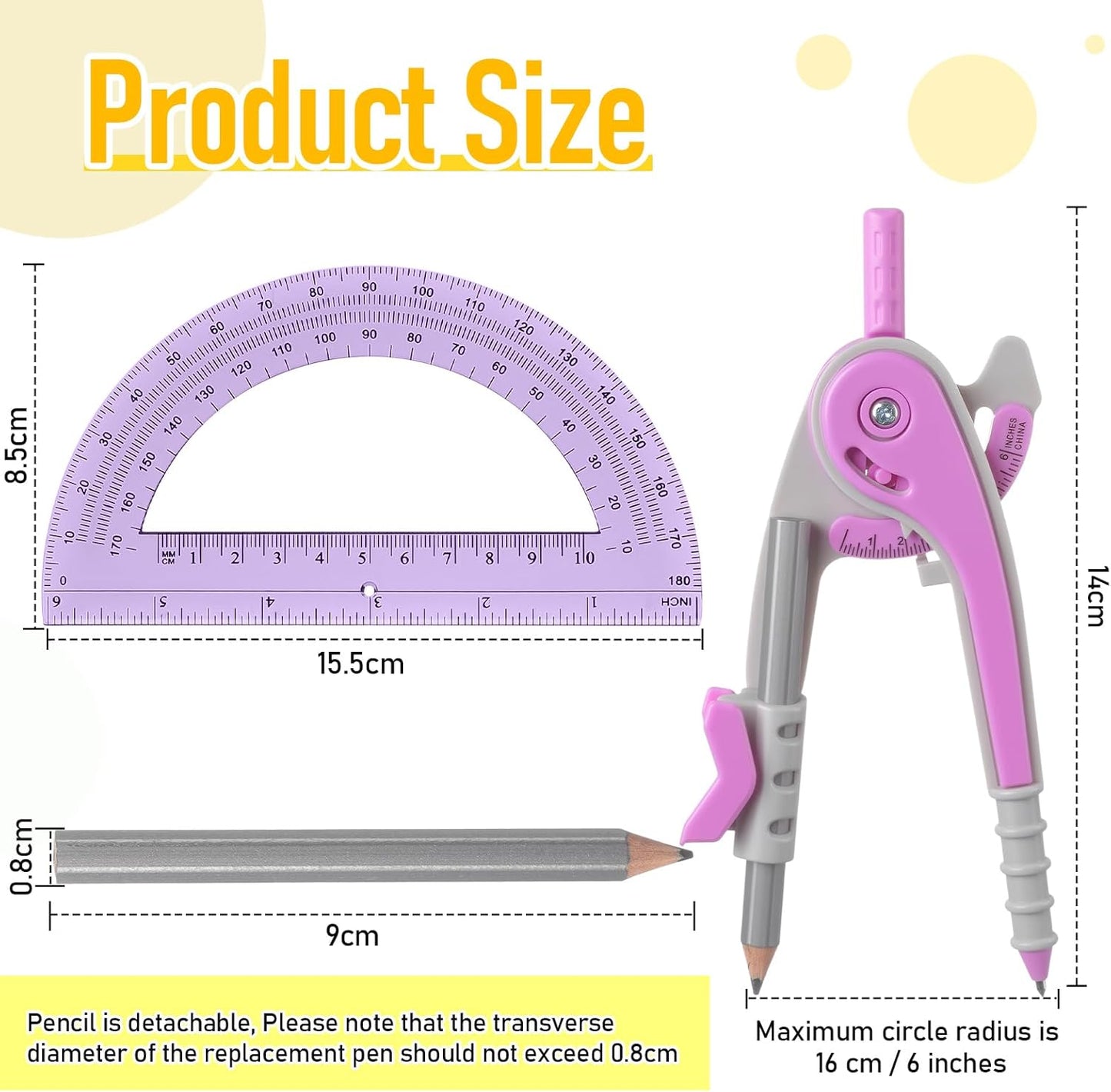 Chengu 12 Set Compass and Protractor Set, Multicolor Compass Geometry Tool 6 Inch 180 Degree Translucent Protractors for Geometry, Math Graphing Drawing Tools for Office and School Supplies