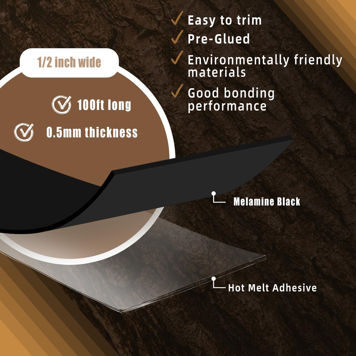 GSCIT Club Black Melamine Edge Banding, 1/2 inch x 100ft Edge Banding with Hot Melt Adhesive Pre-glued Cabinet Edge Banding Flexible Black Veneer Edging for Plywood