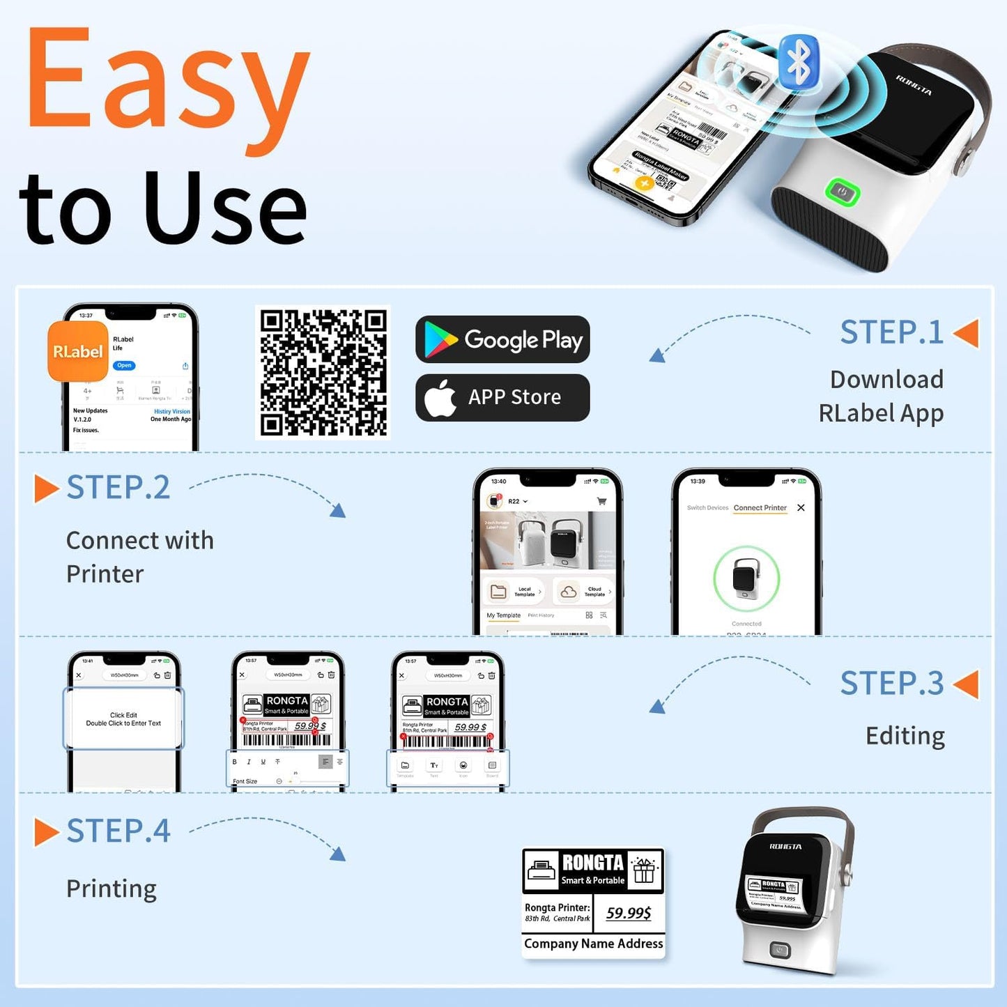Rongta Bluetooth Label Maker Machine with Tape, Thermal Label Printer for Office, Small Business Essentials, Home Organization, Portable Inkless Sticker Label Maker with 2x1.18 inch Labels-150pcs
