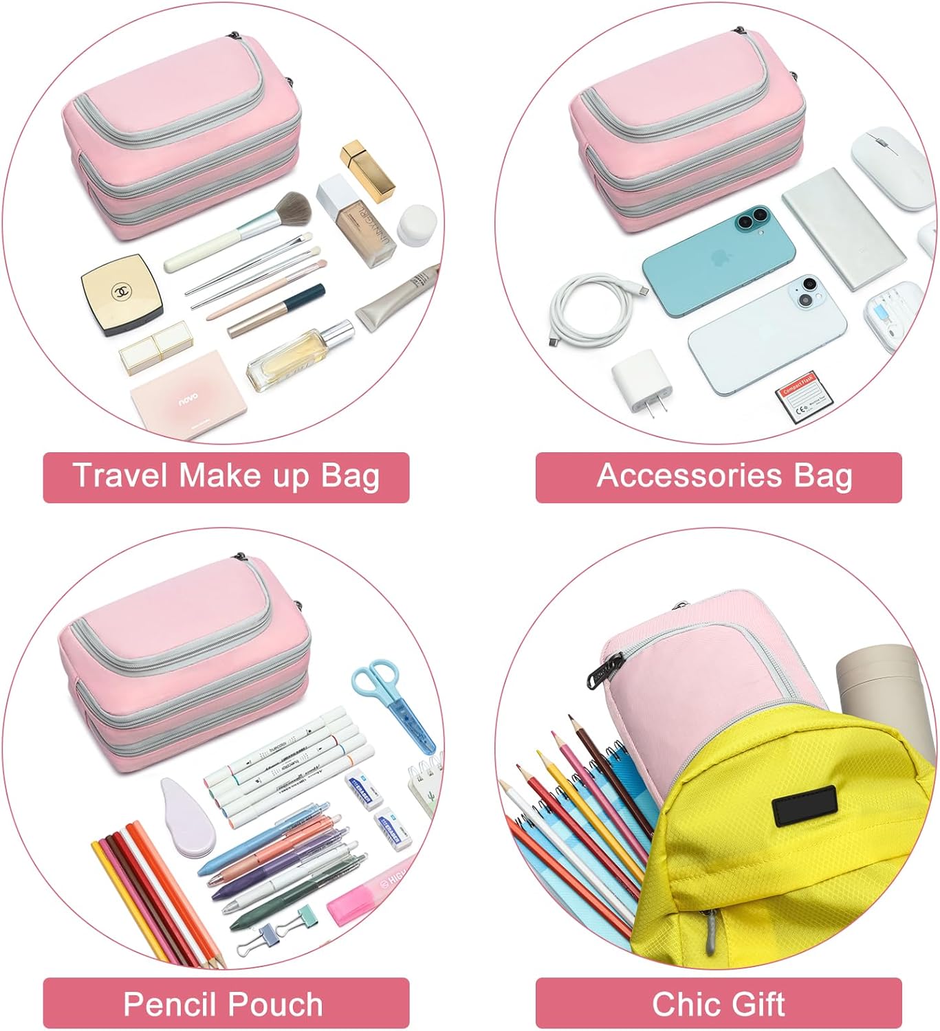 XQXA Pencil Pouch Cute Large Pencil Case Organizer, Multifunctional Big Capacity Pencil Pouch with 3 Compartmens, aesthetic school supplies Pencil Bag for Office Travel Men Women (01-Cherry Pink)