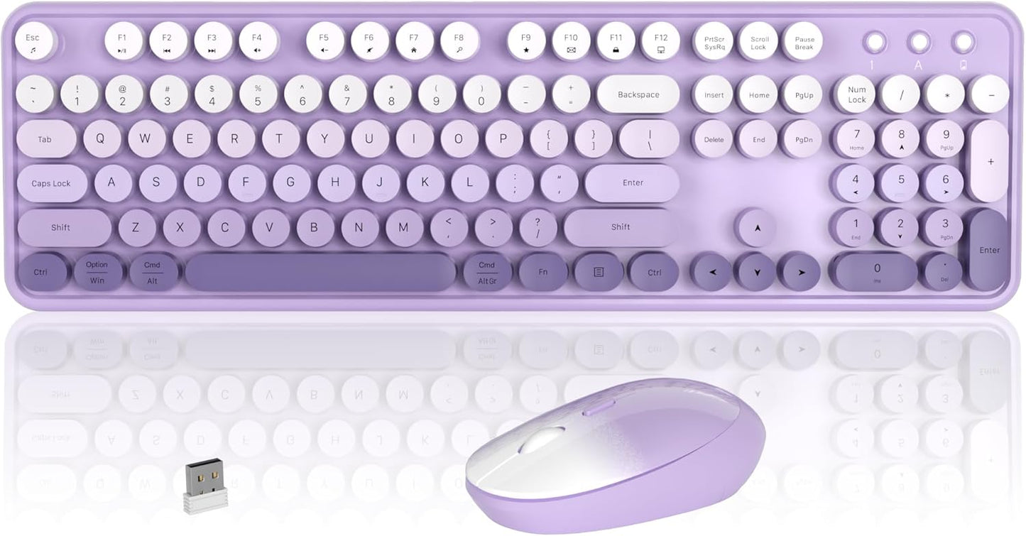 Colorful Wireless Keyboard and Mouse Combo, COVEVA 2.4GHz Wireless Retro Cute Round Keycaps Keyboard, 104 Keys Full-Sized Keyboard Mouse Set with Switch Button for PC Laptop Desktop (Purple Gradient)