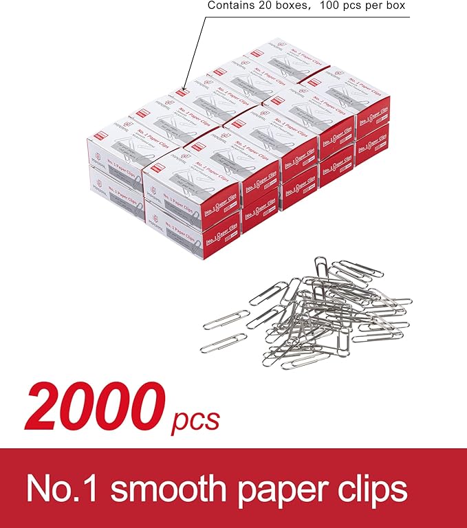 PAPERPAL #1 Smooth Paper Clips, 2000 Medium Paper Clips (20 Boxes of 100 Each), Bulk Paperclips for Office School & Personal Use, Daily DIY, 1-2/7" Silver Paper Clip Standard Size