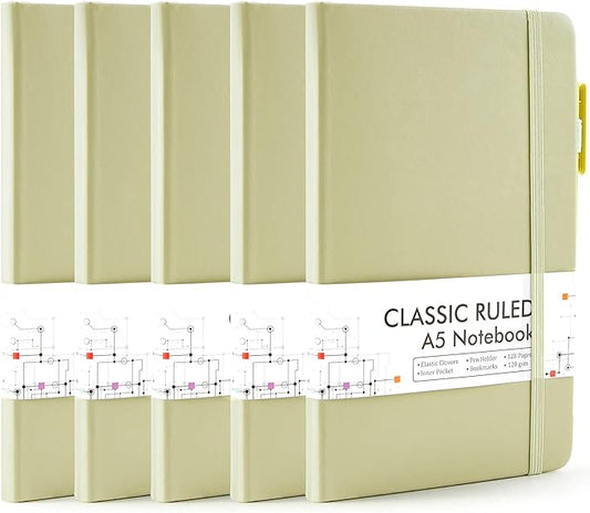 feela 5 Pack Notebooks Journals Bulk, Hardcover Classic Ruled Lined Journals with Pen Holder for Women Girls School Business Supplies, with 5 Black Pens, 120 GSM, 5.1”x8.3”, A5, Avocado Green