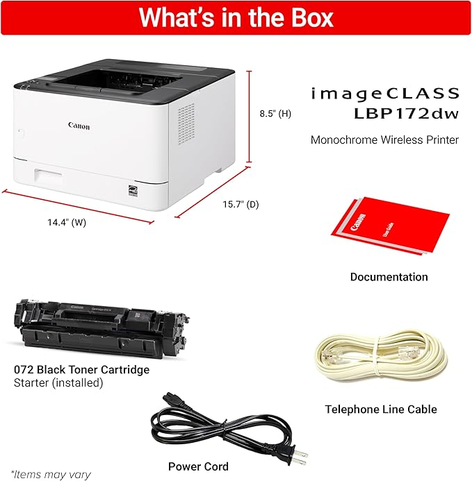 Canon imageCLASS LBP172dw – Monochrome Duplex, Wireless Laser Printer, Single Function, Home Office, Mobile Ready, 1 Year Limited Warranty, 35 PPM, White