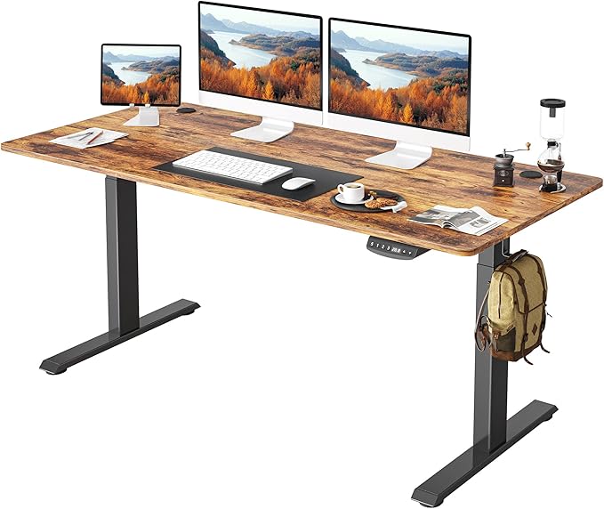 FEZIBO One-Piece Standing Desk Adjustable Height Stand up Home Office Desk, 55x24 Inch Electric Standing Computer Desk, with 4 Memory Presets, Fixable casters, Rustic Brown