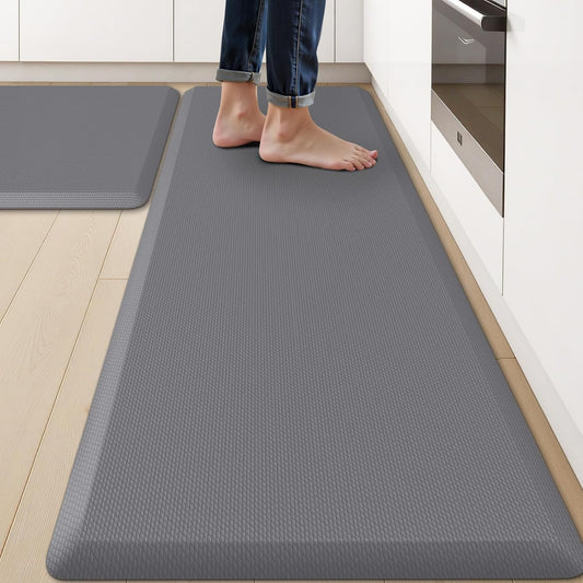 KitchenClouds 2PCS Kitchen Rugs Cushioned Anti-Fatigue Non-Slip Waterproof Kitchen Mat Comfort Foam Standing Mat for Floor Office Sink Laundry (Grey)